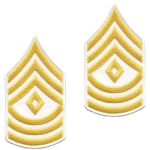 Army Chevron: 1st Sergeant, gold embroidered on white, small