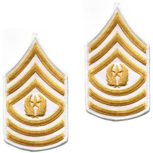Army Chevron: Command Sergeant Major, gold embroidered on white, small