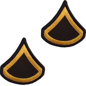 Army Chevron: Private First Class, gold embroidered on green, female