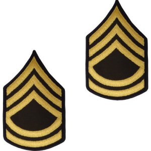 Army Chevron: Sergeant First Class, gold embroidered on green, male