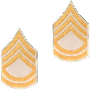 Army Chevron: Sergeant First Class, gold embroidered on white, small