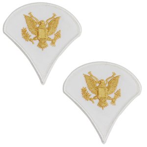 Army Chevron: Specialist 4, gold embroidered on white, small