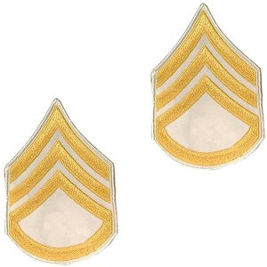 Army Chevron: Staff Sergeant, gold embroidered on white, small