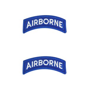 Army Embroidered Tab: Airborne, white letters on blue with hook