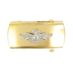 Navy Belt Buckle: Fleet Marine Force Officer, silver emblem on gold, female