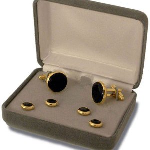 Navy Cuff Links and Shirt Stud: Black Onyx with Gold Backing, set of 4