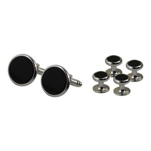 Navy Cuff Links and Shirt Stud: Black Onyx with Silver Backing, set of 4
