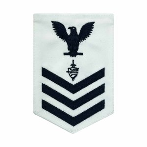 Navy E6 Female Rating Badge: CWT Cyber Warfare Technician, blue chevrons on white CNT