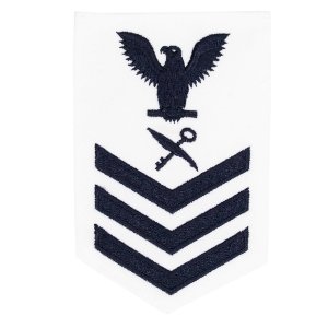 Navy E6 Female Rating Badge: Retail Services Specialist, white
