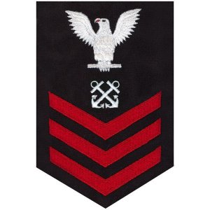 Navy E6 Male Rating Badge: Boatswain''s Mate, red chevrons on blue serge