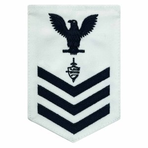 Navy E6 Male Rating Badge: CWT Cyber Warfare Technician, blue chevrons on white CNT
