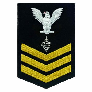 Navy E6 Male Rating Badge: CWT Cyber Warfare Technician, seaworthy gold on blue
