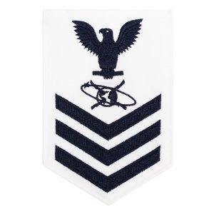 Navy E6 Male Rating Badge: Mass Communication Specialist, white