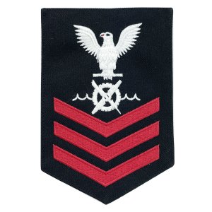 Navy E6 Male Rating Badge: RW Robotics Warfare Specialist, red on blue