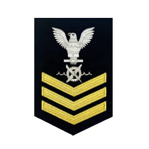 Navy E6 Male Rating Badge: RW Robotics Warfare Specialist, seaworthy gold on blue
