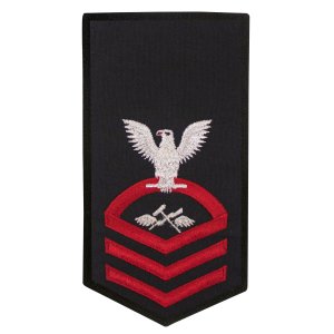 Navy E7 Female Rating Badge: AS Aviation Supply Equipment Technician, seaworthy red on blue