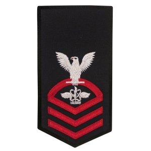Navy E7 Female Rating Badge: AW Aviation Warfare System Operator, seaworthy red on blue