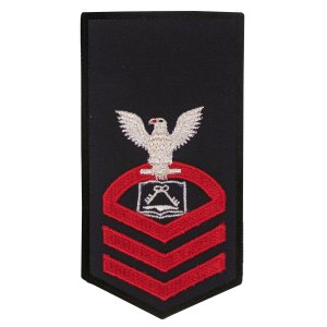 Navy E7 Female Rating Badge: CS Culinary Specialist, seaworthy red on blue