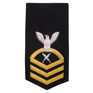 Navy E7 Female Rating Badge: CT Cryptologic Technician, seaworthy gold on blue