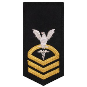 Navy E7 Female Rating Badge: HM Hospitalman, seaworthy gold on blue