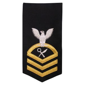Navy E7 Female Rating Badge: IS Intelligence Specialist, seaworthy gold on blue