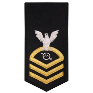 Navy E7 Female Rating Badge: OS Operations Specialist, seaworthy gold on blue