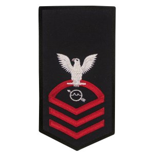 Navy E7 Female Rating Badge: OS Operations Specialist, seaworthy red on blue