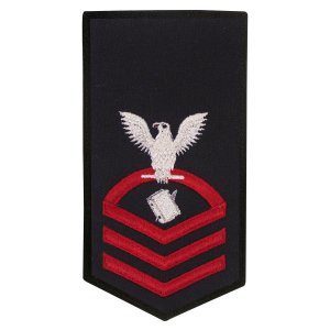 Navy E7 Female Rating Badge: PS Personnelman, seaworthy red on blue