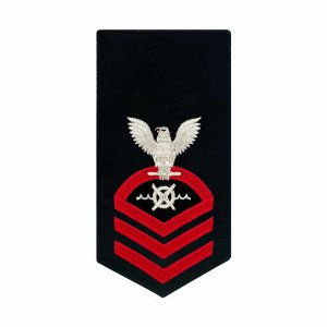 Navy E7 Female Rating Badge: RW Robotics Warfare Specialist, seaworthy red on blue