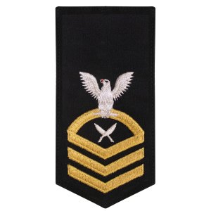 Navy E7 Female Rating Badge: YN Yeoman, seaworthy gold on blue