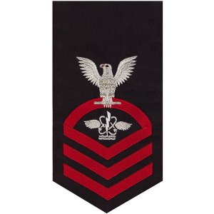 Navy E7 Male Rating Badge: Aviation Antisub Warfare Operator, seaworthy red on blue