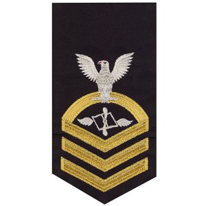 Navy E7 Male Rating Badge: Aviation Maintenance Administrationman, seaworthy gold on blue