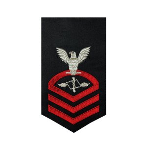 Navy E7 Male Rating Badge: Aviation Maintenance Administrationman, seaworthy red on blue