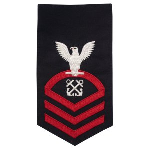 Navy E7 Male Rating Badge: Boatswains Mate, seaworthy red on blue