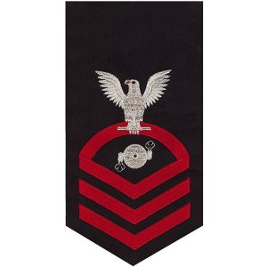 Navy E7 Male Rating Badge: Boiler Technician, seaworthy red on blue