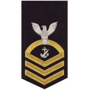 Navy E7 Male Rating Badge: Counselor, seaworthy gold on blue