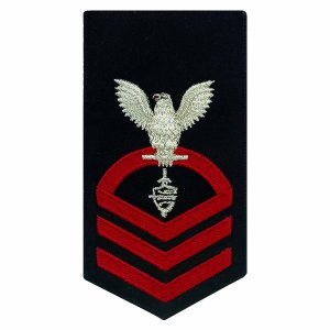 Navy E7 Male Rating Badge: CWT Cyber Warfare Technician, seaworthy red on blue