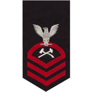 Navy E7 Male Rating Badge: Damage Controlman, seaworthy red on blue