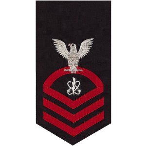 Navy E7 Male Rating Badge: Electronics Warfare Technician, seaworthy red on blue