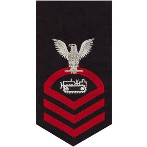 Navy E7 Male Rating Badge: Equipment Operator, seaworthy red on blue