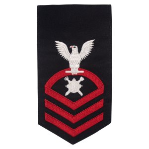 Navy E7 Male Rating Badge: Explosive Ordnance Disposal, seaworthy red on blue