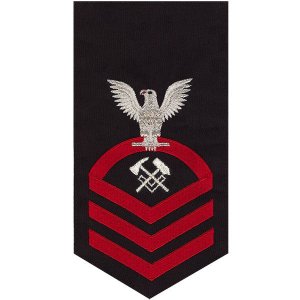 Navy E7 Male Rating Badge: Hull Maintenance Technician, seaworthy red on blue