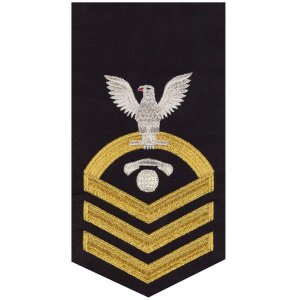 Navy E7 Male Rating Badge: Interior Communications Electrician, seaworthy gold on blue