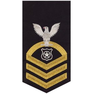 Navy E7 Male Rating Badge: Master At Arms, seaworthy gold on blue