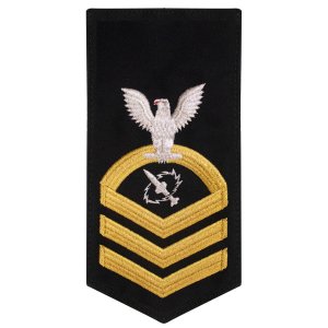Navy E7 Male Rating Badge: Missile Technician, seaworthy gold on blue