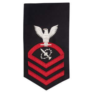 Navy E7 Male Rating Badge: Missile Technician, seaworthy red on blue