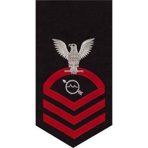 Navy E7 Male Rating Badge: Operations Specialist, seaworthy red on blue