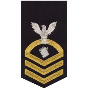 Navy E7 Male Rating Badge: Personnelman, seaworthy gold on blue