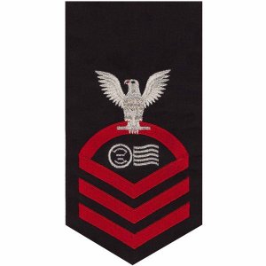 Navy E7 Male Rating Badge: Postal Clerk, seaworthy red on blue