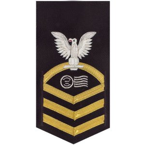 Navy E7 Male Rating Badge: Postal Clerk, vanchief on blue